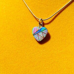 Sterling Siver and Opal Inlay Heart Necklace 15 1/2"  4.4g